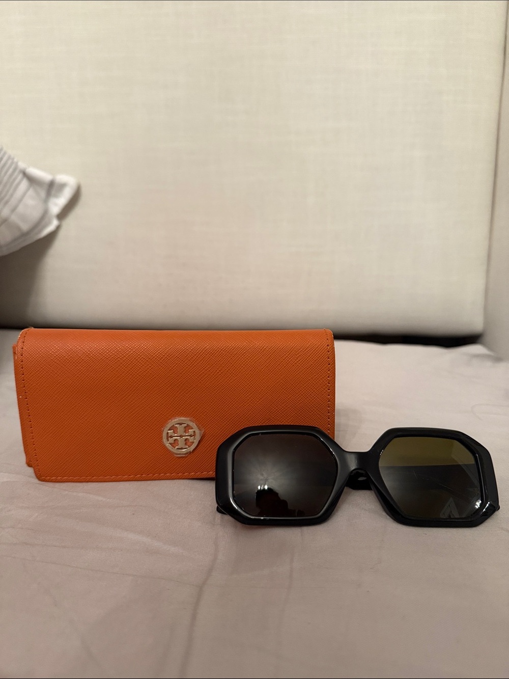 Tory Burch Black Hexagonal Sunglasses with Orange Logo Case